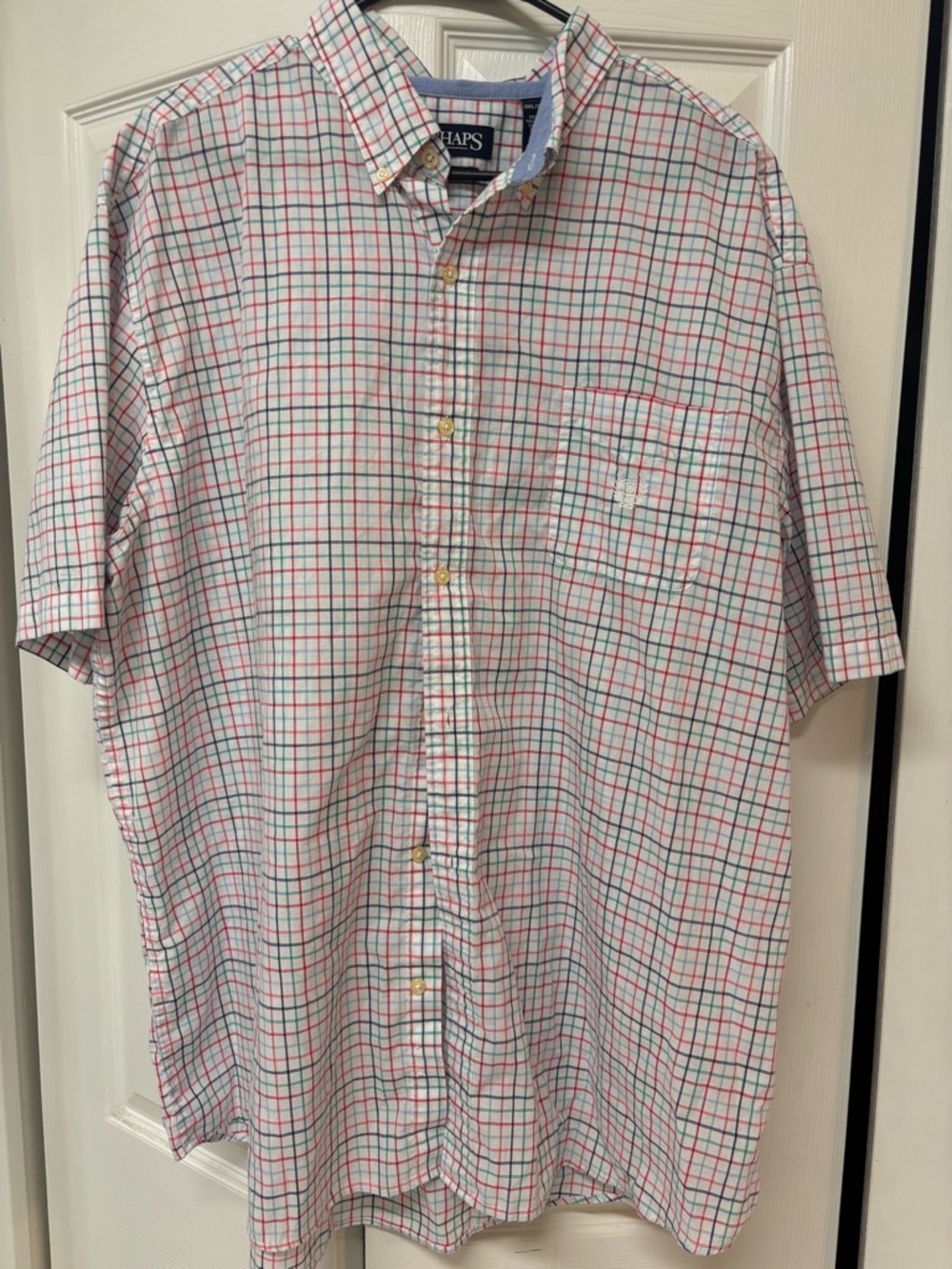 Chaps Men’s Short-Sleeve Button-Down Shirt in White with Red & Green Plaid